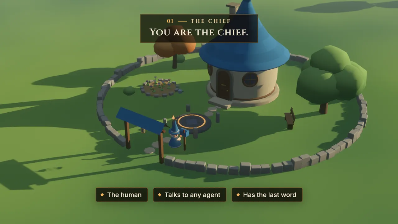 A round house with a pointed blue roof inside a ring of stone. Caption: You are the chief. The human, talks to any agent, has the last word.