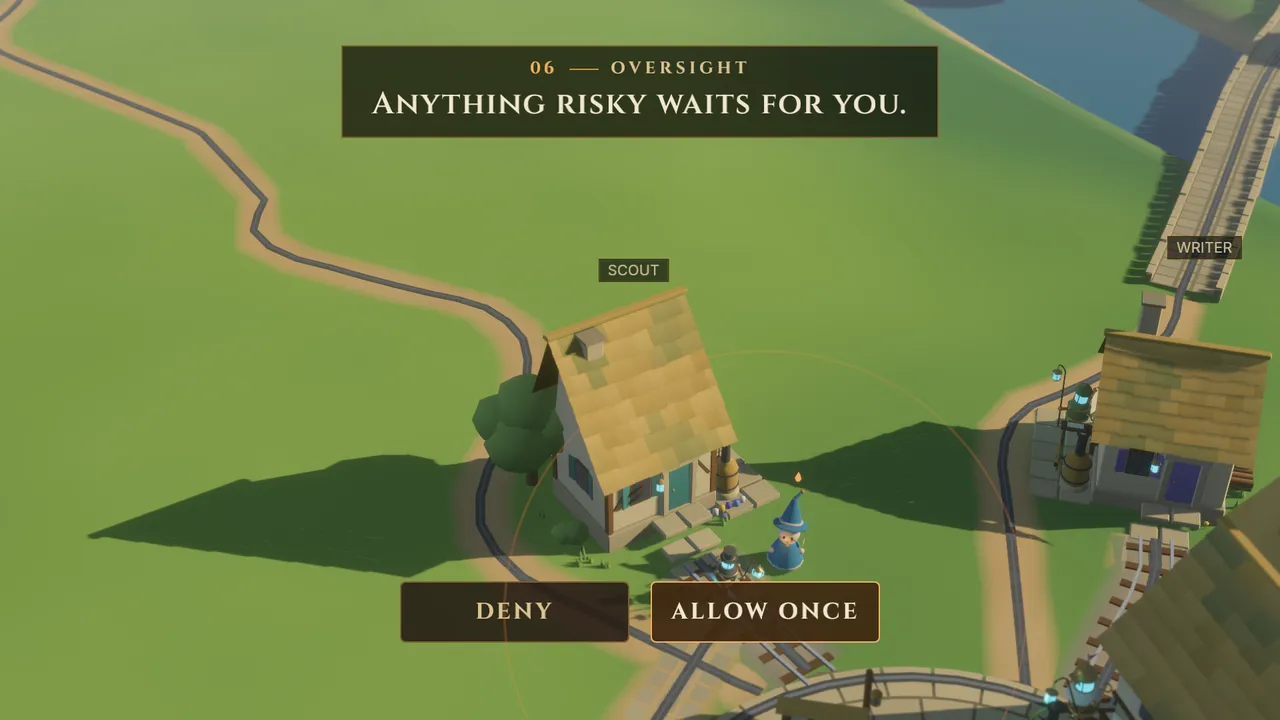 A house with two buttons under it, Deny and Allow once. Caption: Anything risky waits for you.