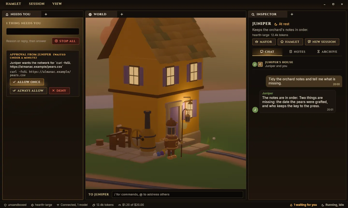 The Hamlet window. On the left, one thing needs you: the agent Juniper wants the network for a curl command, with Allow once, Always allow and Deny. In the middle, Juniper's house at dusk with its robot at the door. On the right, a chat with Juniper about the orchard notes.